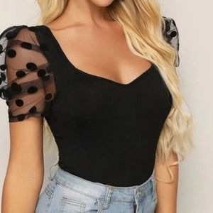 Black + mesh puff sleeve bodysuit
